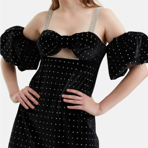 NOCTURNE NWT BEADED BLACK VEVET Mini Dress with Rhinestone Straps s: Small - Picture 3 of 5